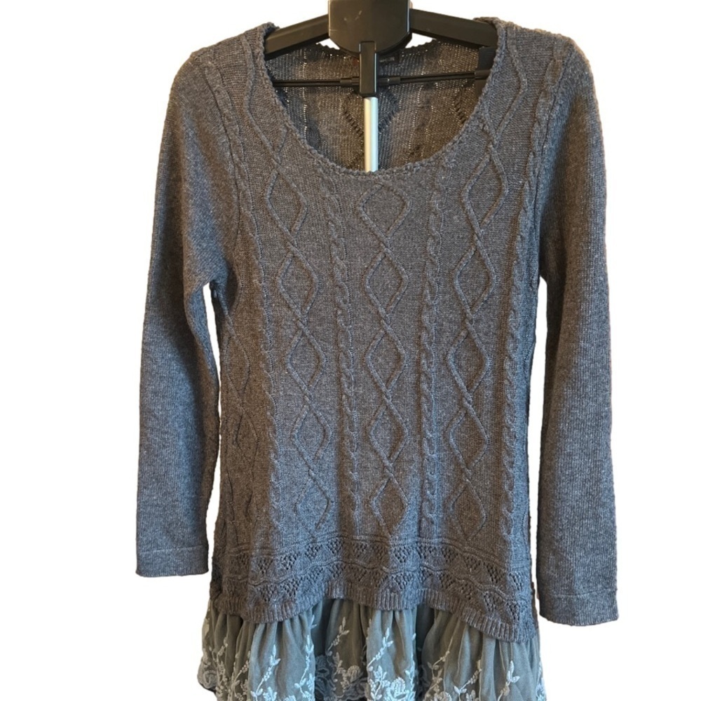 John Fashion cable knit tunic sweater gray boho layer lace small Penny Lane wool